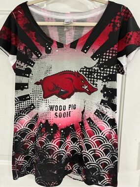 Razorbacks V-Neck Graphic Tee - Red, Black, White with rhinestones